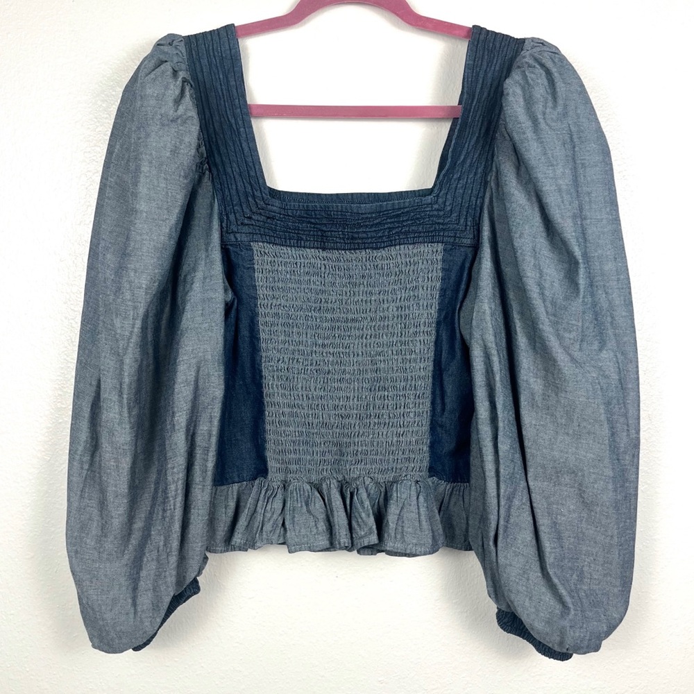 Anthropologie Love The Label Denim Patchwork Puff-Sleeve Smocked Top Small - Picture 6 of 6